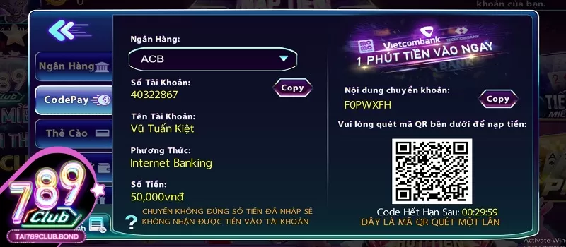 Nạp tiền vốn cá cược vào cổng game bài 789 Club